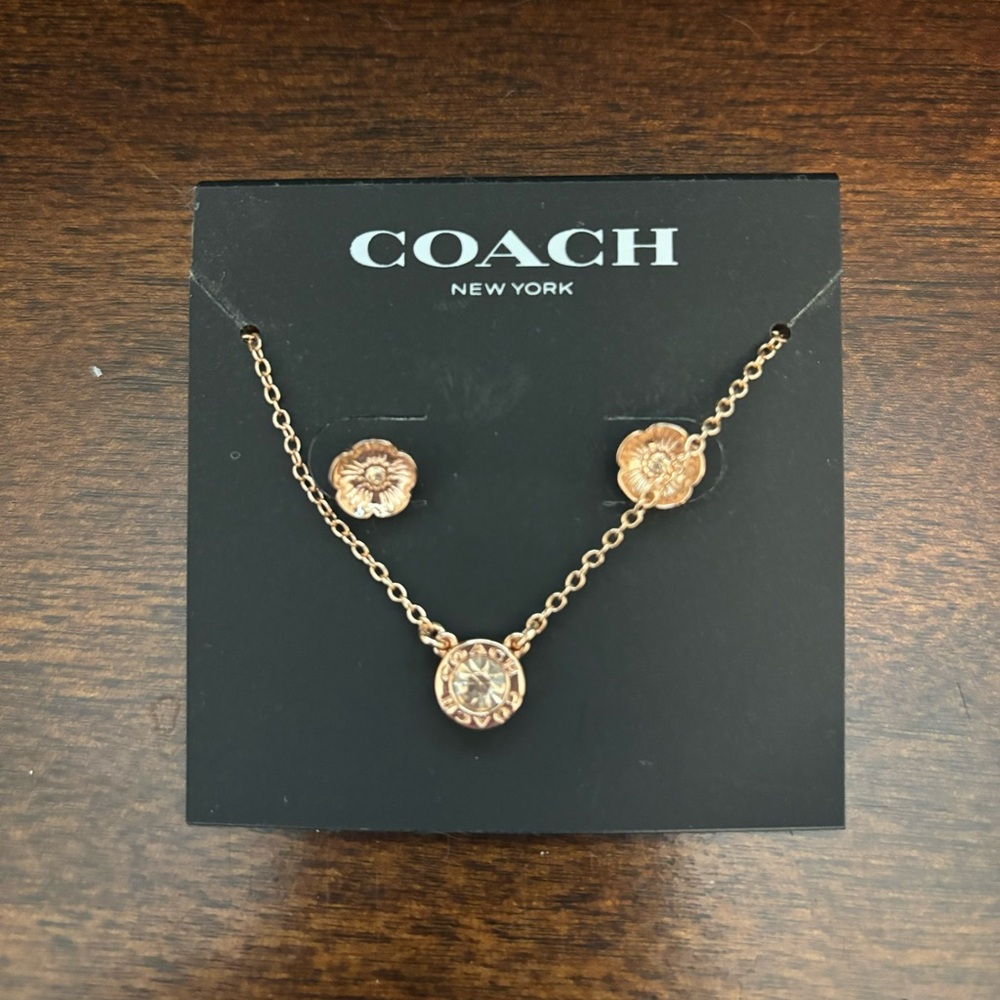 Brand New Coach Rose Gold Flower Earrings And Necklace Set with Pouch
